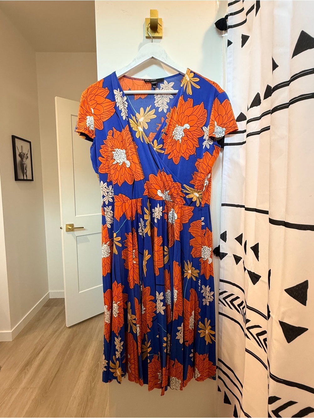 Maggy London Size 14 Floral Wrap-Style Midi Dress in Blue and Orange